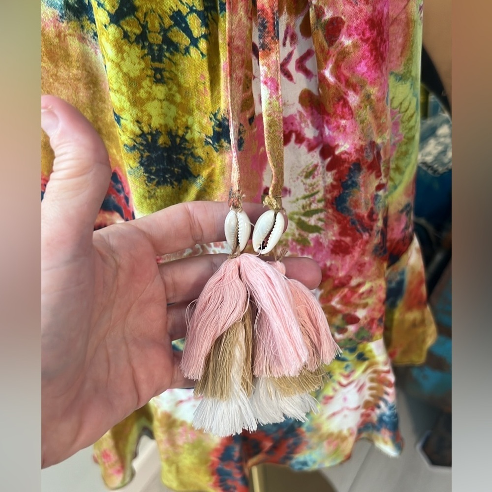 True Destinations One Shoulder Smocked Tropical Tassel Dress Boho Resort, Size M - Picture 7 of 13